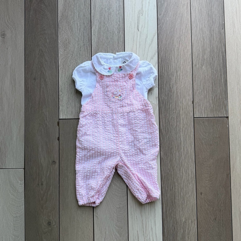 JoJo Maman Bébé Pink Duck 2-Piece Embroidered Dungarees & Body Set